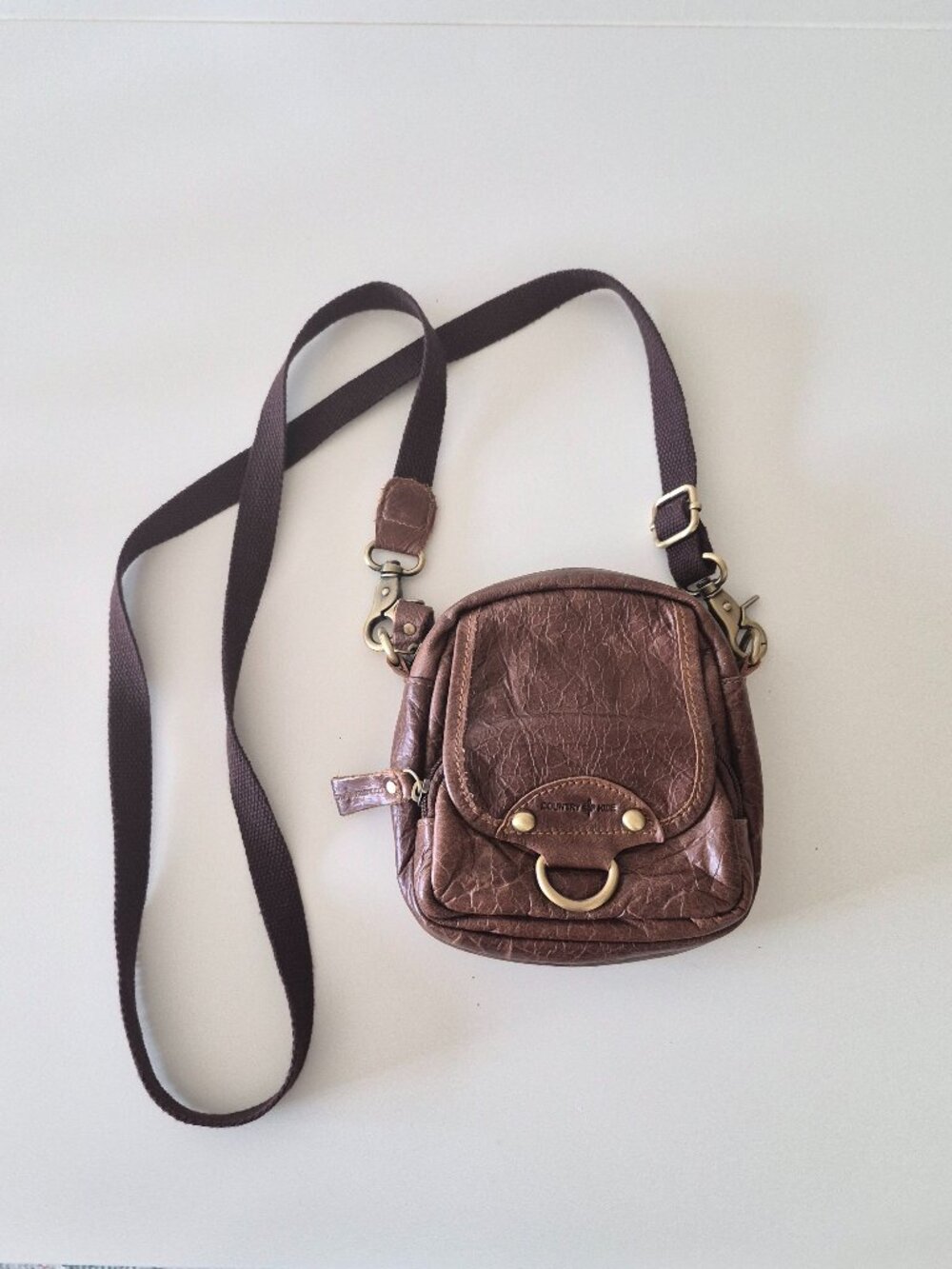 Country Hide Brown Leather Mini Crossbody Bag Distressed Utility Pouch Brass